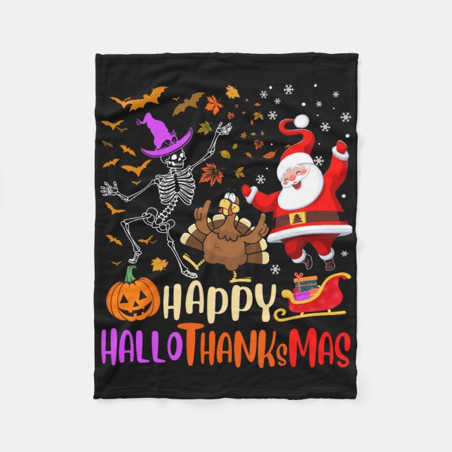 Happy Hallothanksmas Skeleton Pumpkin Turkey Santa Fleece Blanket (Front)