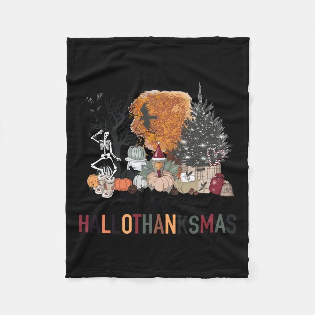 Happy Hallothanksmas Skeleton Turkey Christmas Hal Fleece Blanket (Front)