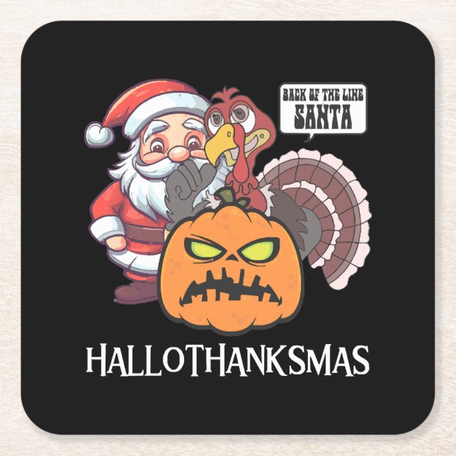 Happy Hallothanksmas Square Paper Coaster (Front)