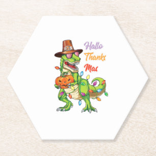 Happy Hallothanksmas T Rex Halloween Thanksgiving Paper Coaster