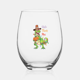 Happy Hallothanksmas T Rex Halloween Thanksgiving Stemless Wine Glass