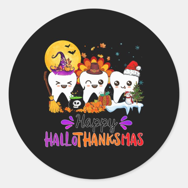 Happy Hallothanksmas Teeth Halloween Thanksgiving  Classic Round Sticker (Front)