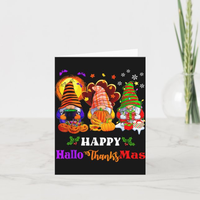 Happy Hallothanksmas Three Gnomes Halloween Merry  Card (Front)