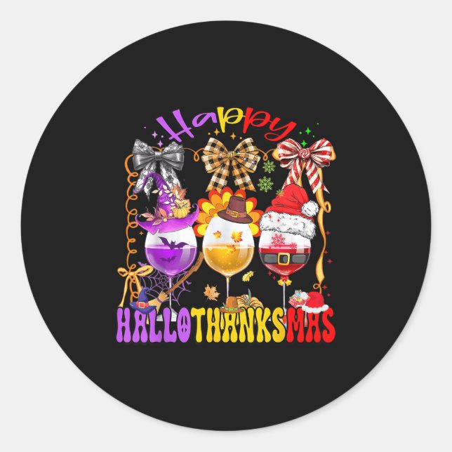 Happy Hallothanksmas Wine Gl Halloween Thanksgivin Classic Round Sticker (Front)