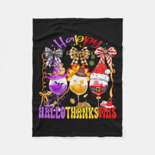 Happy Hallothanksmas Wine Gl Halloween Thanksgivin Fleece Blanket