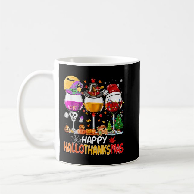 Happy Hallothanksmas Wine Glasses Witch Santa Hat  Coffee Mug (Left)