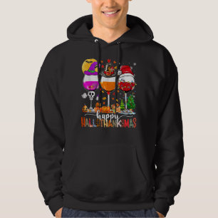 Happy Hallothanksmas Wine Glasses Witch Santa Hat  Hoodie