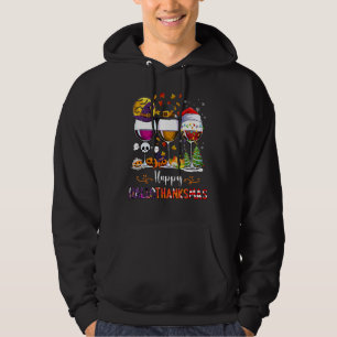 Happy Hallothanksmas Wine Glasses Witch Santa Hat Hoodie
