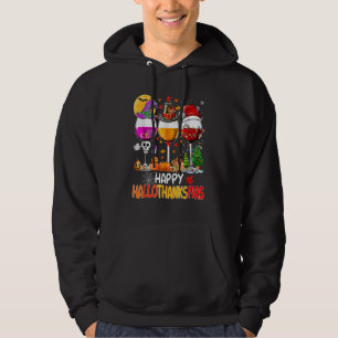 Happy Hallothanksmas Wine Glasses Witch Santa Hat  Hoodie