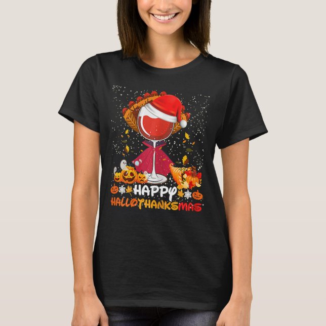 Happy Hallothanksmas Wine Glasses Witch Santa Hat  T-Shirt (Front)