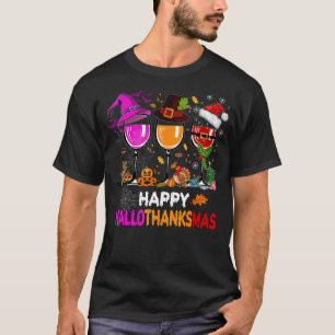 Happy Hallothanksmas Wine Glasses Witch Santa Hat  T-Shirt