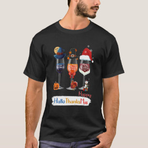 Happy Hallothanksmas Wine Glasses Witch Santa Hat T-Shirt