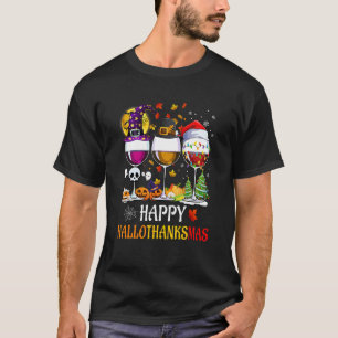 Happy Hallothanksmas Wine Glasses Witch Santa Hat  T-Shirt