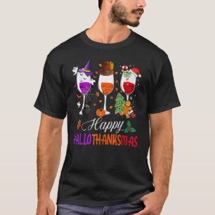 Happy Hallothanksmas Wine Glasses Witch Santa Hat T-Shirt