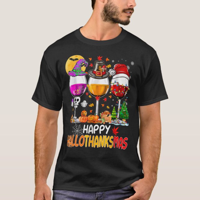 Happy Hallothanksmas Wine Glasses Witch Santa Hat  T-Shirt (Front)