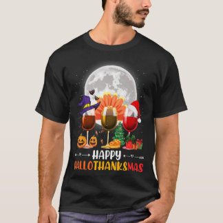 Happy Hallothanksmas Wine Glasses Witch Santa Hat  T-Shirt