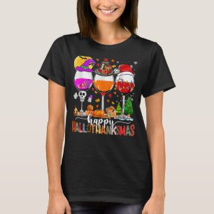 Happy Hallothanksmas Wine Glasses Witch Santa Hat T-Shirt