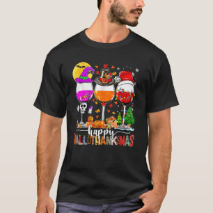 Happy Hallothanksmas Wine Glasses Witch Santa Hat T-Shirt