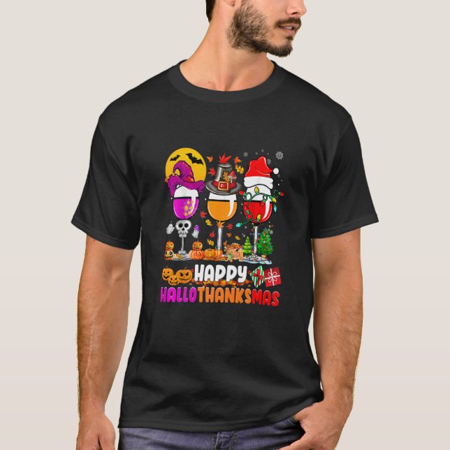 Happy Hallothanksmas Wine Glasses Witch Santa Hat  T-Shirt (Front)