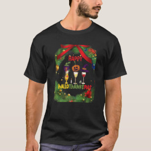 Happy Hallothanksmas Wine Glasses Witch Santa Hat T-Shirt