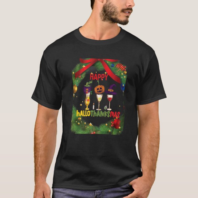 Happy Hallothanksmas Wine Glasses Witch Santa Hat  T-Shirt (Front)