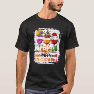 Happy Hallothanksmas Wine Glasses Witch Santa Hat T-Shirt