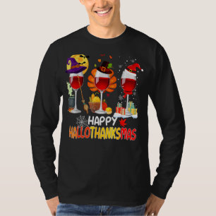 Happy Hallothanksmas Wine Glasses Witch Santa Hat T-Shirt