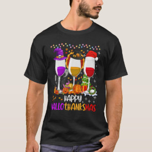 Happy Hallothanksmas Wine Glasses Witch Santa Hat  T-Shirt