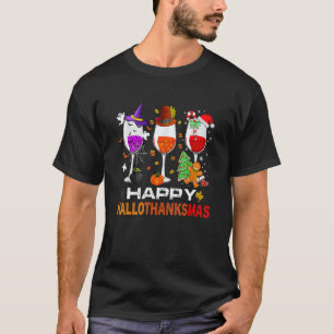 Happy Hallothanksmas Wine Glasses Witch Santa Hat  T-Shirt
