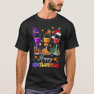 Happy Hallothanksmas Wine Glasses Witch Santa Hat T-Shirt