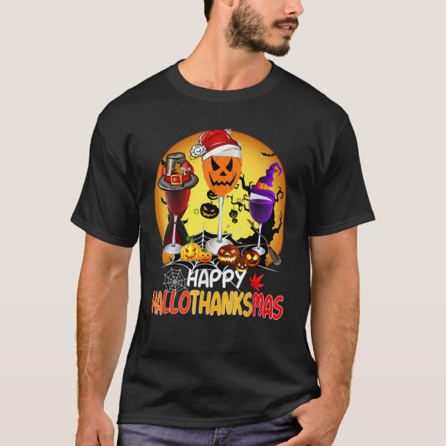 Happy Hallothanksmas Wine Glasses Witch Santa Hat  T-Shirt (Front)