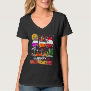 Happy Hallothanksmas Wine Glasses Witch Santa Hat T-Shirt
