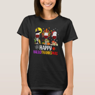 Happy Hallothanksmas Wine Glasses Witch Santa Hat  T-Shirt