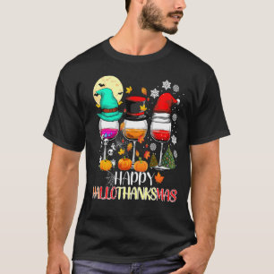 Happy Hallothanksmas Wine Glasses Witch Santa Hat  T-Shirt