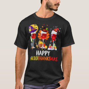 Happy Hallothanksmas Wine Glasses Witch Santa Hat T-Shirt