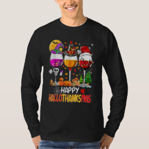Happy Hallothanksmas Wine Glasses Witch Santa Hat T-Shirt
