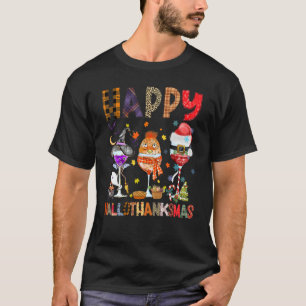 Happy Hallothanksmas Wine Glasses Witch Santa Hat T-Shirt