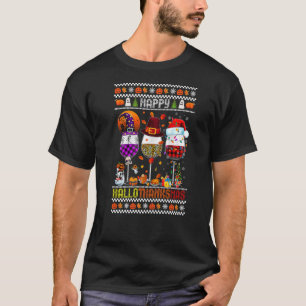 Happy Hallothanksmas Wine Glasses Witch Santa Hat T-Shirt