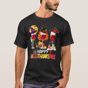 Happy Hallothanksmas Wine Glasses Witch Santa Hat T-Shirt