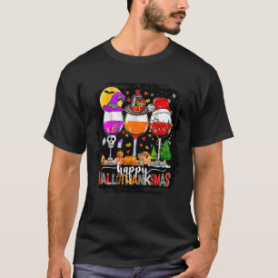 Happy Hallothanksmas Wine Glasses Witch Santa Hat T-Shirt