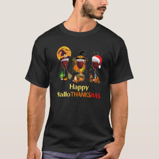 Happy Hallothanksmas Wine Glasses Witch Santa Hat  T-Shirt