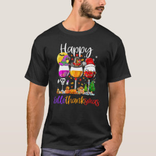 Happy Hallothanksmas Wine Glasses Witch Santa Hat T-Shirt