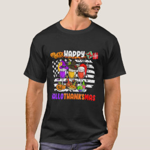 Happy Hallothanksmas Wine Glasses Witch Santa Hat T-Shirt