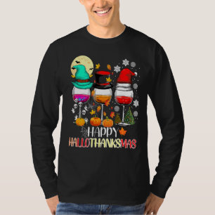 Happy Hallothanksmas Wine Glasses Witch Santa Hat T-Shirt