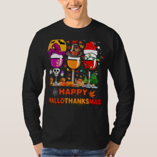 Happy Hallothanksmas Wine Glasses Witch Santa Hat  T-Shirt