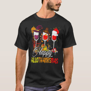 Happy Hallothanksmas Wine Glasses Witch Santa Hat  T-Shirt