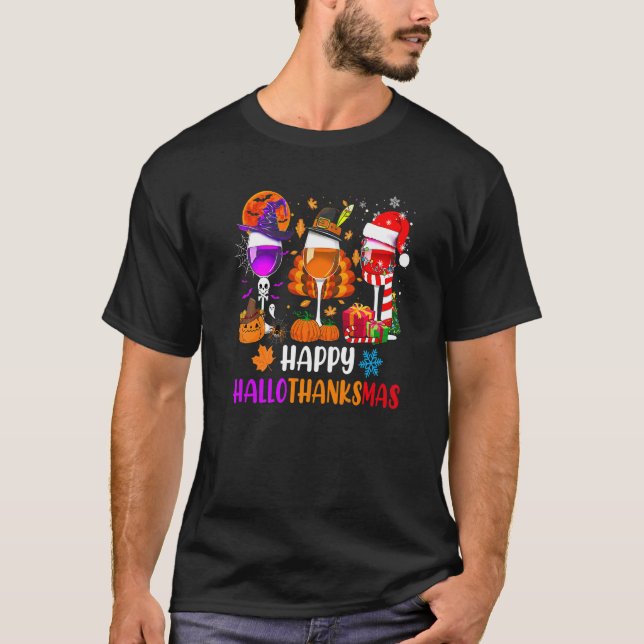 Happy Hallothanksmas Wine Glasses Witch Santa Hat  T-Shirt (Front)