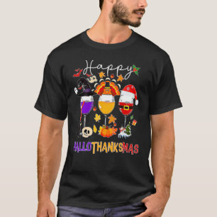 Happy Hallothanksmas Wine Glasses Witch Santa Hat  T-Shirt