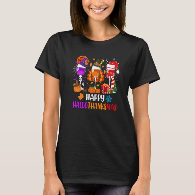 Happy Hallothanksmas Wine Glasses Witch Santa Hat  T-Shirt (Front)