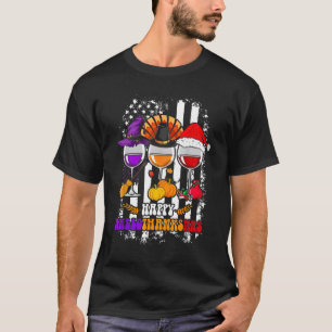 Happy Hallothanksmas Wine Glasses Witch Santa Hat  T-Shirt